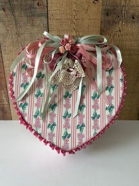 Heart-Shaped Floral Ribbon Gift Box - Pink & Green with Assorted Lace and Ribbon